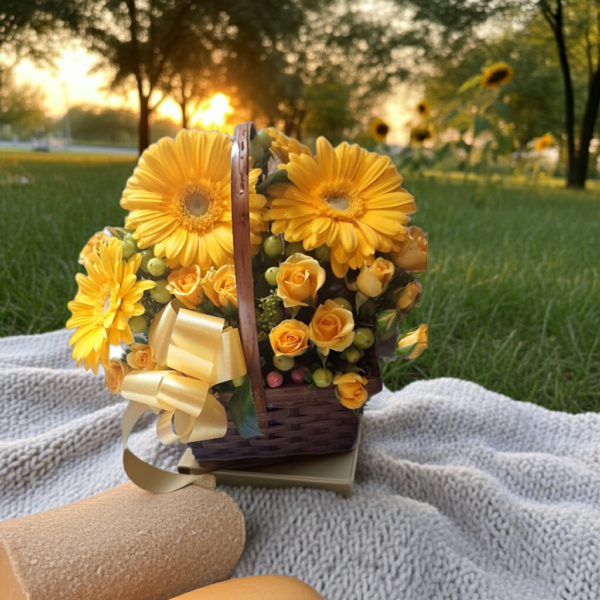 Cheerful basket of yellow gerbera daisies and roses with green accents and a yellow ribbon, placed on a blanket in a sunny outdoor setting at sunset.