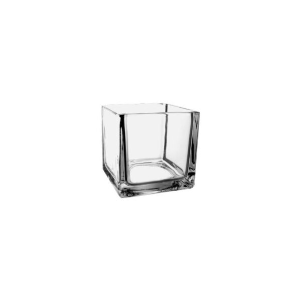 A 4x4x4 clear square glass cube vase with crisp lines, ideal for floral arrangements, candles, or event décor.