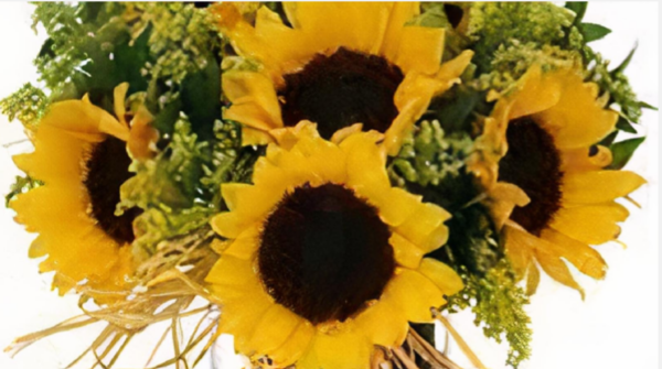 Sunflower bouquet with green foliage and straw accents, ideal for hospital flower delivery in Cincinnati—Good Samaritan, UC, Mercy, VA, and Cincinnati Children’s