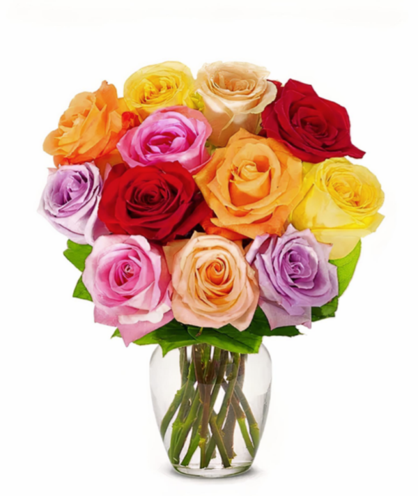 Colorful dozen roses in a clear vase, featuring red, pink, yellow, orange, and lavender blooms, available for flower delivery in Cincinnati including Clifton, Avondale, West Price Hill, St. Bernard, and Northside.