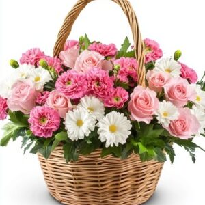 Wicker basket with pink roses, carnations, and white daisies delivered fresh in Cincinnati neighborhoods.
