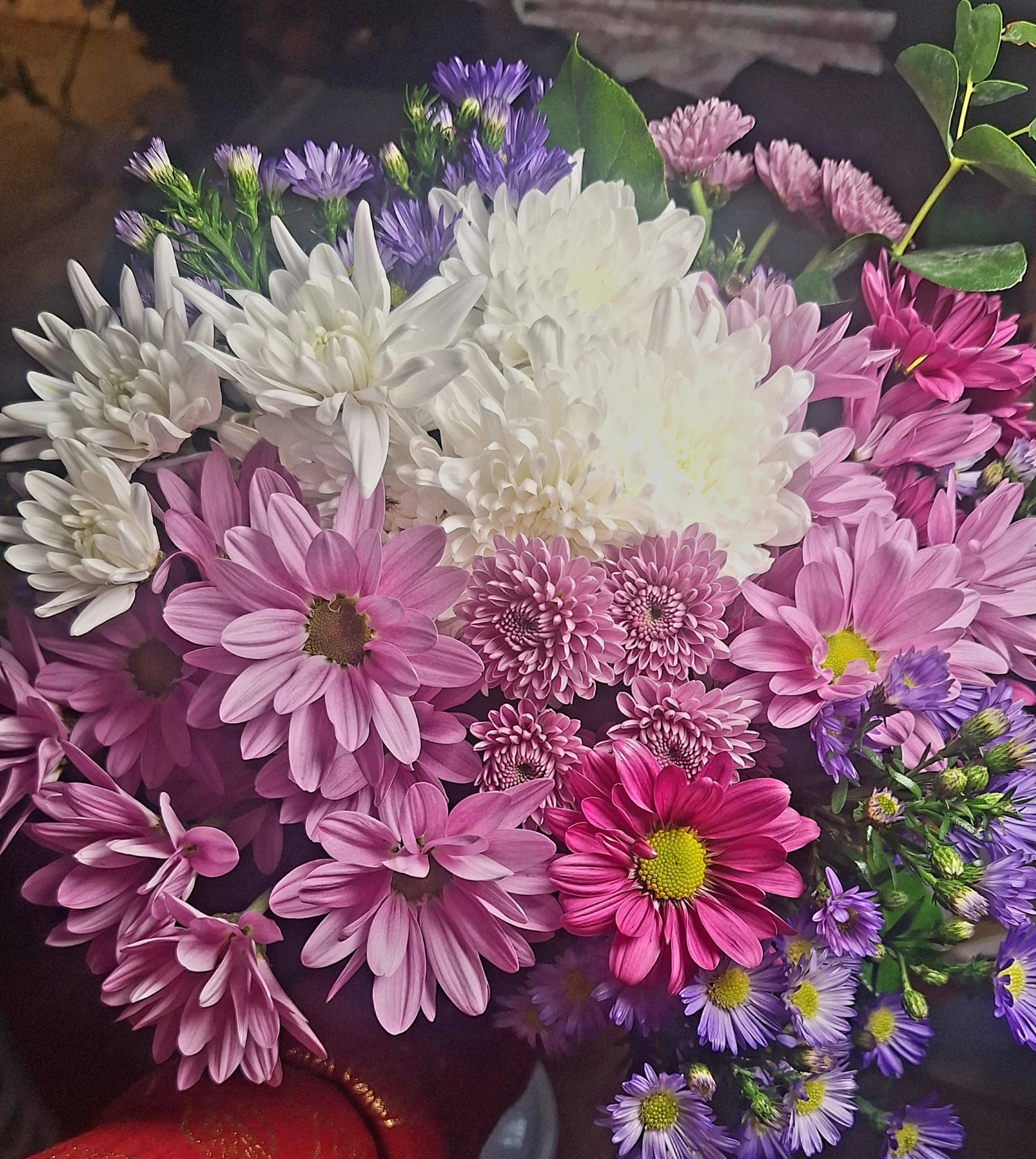 White chrysanthemums, pink daisies, magenta daisies, and purple asters arranged with lush green foliage in a vibrant Cincinnati bouquet.