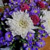 Handcrafted bouquet of white chrysanthemum, red blooms, and purple asters arranged with care, delivered fresh by a Cincinnati florist.