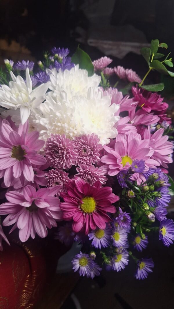White chrysanthemums, pink daisies, magenta daisies, and purple asters arranged with lush green foliage in a vibrant Cincinnati bouquet.