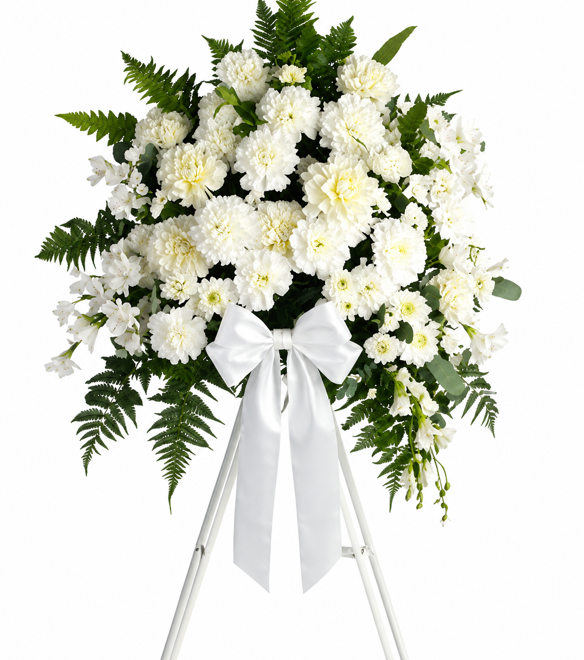 White standing spray with chrysanthemums, roses, and greenery on tripod stand with ribbon bow