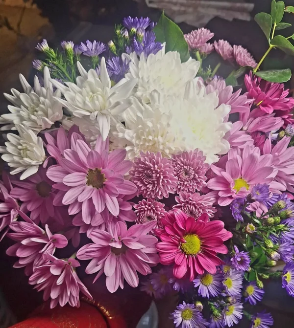 Radiant Garden Charm bouquet with white chrysanthemum, pink daisies, purple asters, and lush greenery