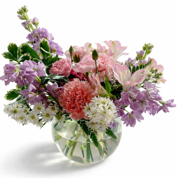 Aurora Bloom Cascade bouquet with pink carnations, lilies, daisies, purple blossoms, and variegated greenery in a clear vase, delivered fresh in Cincinnati neighborhoods.