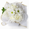 Celestial Ivory Charm Elegant white bouquet with roses, daisies, and greenery wrapped in gold‑trimmed paper and sheer ribbon