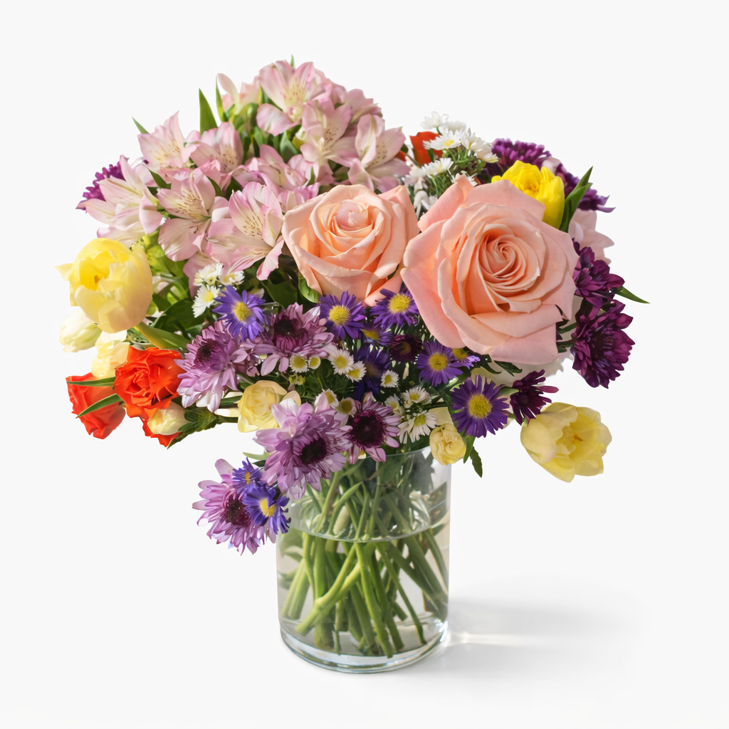 Petal Mosaic bouquet with roses, tulips, chrysanthemums, daisies, and alstroemeria in a clear glass vase, fresh and vibrant.