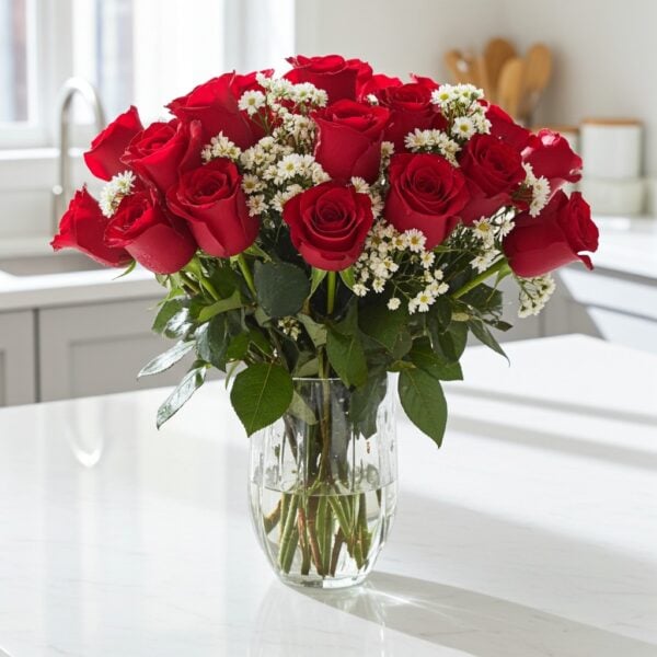 Red roses bouquet in clear glass vase with white filler flowers on a modern kitchen countertop.