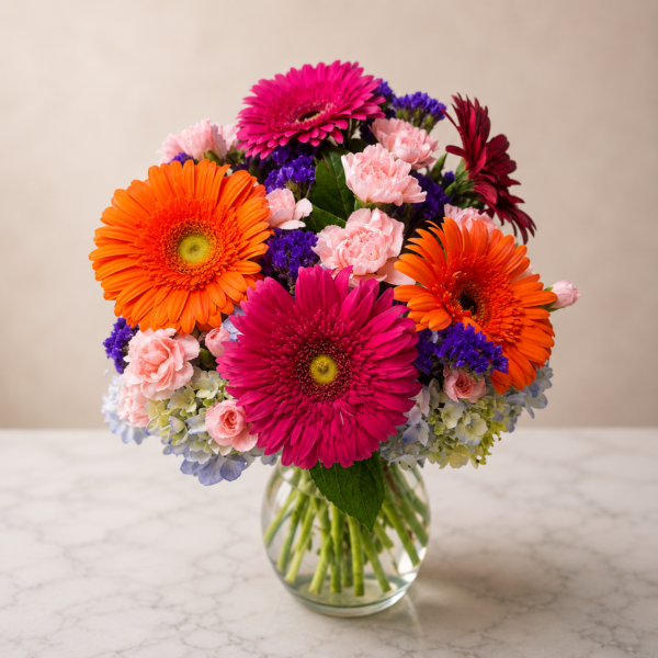 Chromatic Bliss Bouquet Chromatic Bliss Bouquet with gerbera daisies, carnations, hydrangeas, and statice in a clear vase, fresh delivery Cincinnati neighborhoods