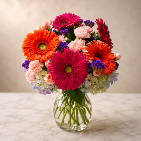 Chromatic Bliss Bouquet Chromatic Bliss Bouquet with gerbera daisies, carnations, hydrangeas, and statice in a clear vase, fresh delivery Cincinnati neighborhoods
