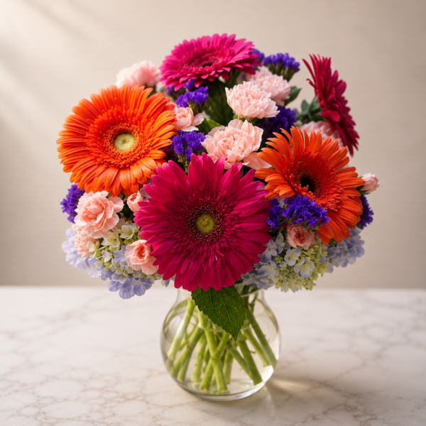 Chromatic Bliss Bouquet Chromatic Bliss Bouquet with gerbera daisies, carnations, hydrangeas, and statice in a clear vase, fresh delivery Cincinnati neighborhoods