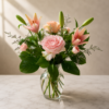 Near My Heart bouquet with fresh pink roses, lilies, and greenery in a clear glass vase, delivered by Local Florist Cincinnati.