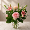 Near My Heart bouquet with fresh pink roses, lilies, and greenery in a clear glass vase, delivered by Local Florist Cincinnati.