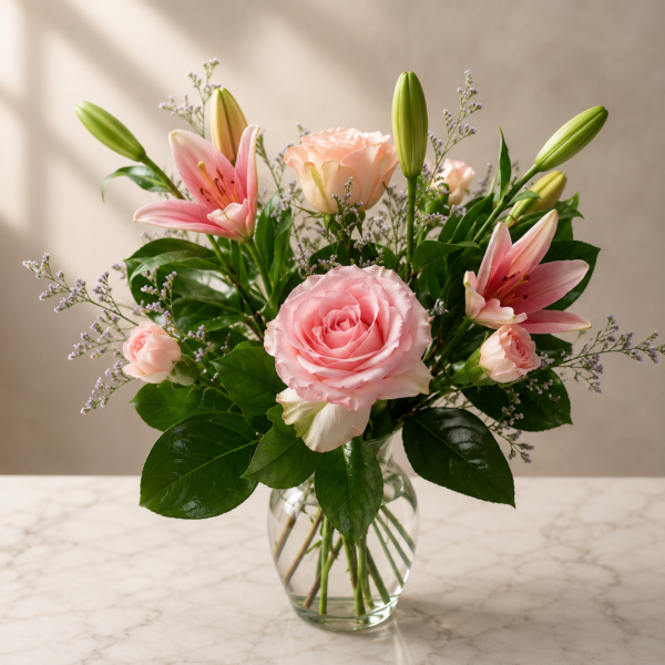 Near My Heart bouquet with fresh pink roses, lilies, and greenery in a clear glass vase, delivered by Local Florist Cincinnati.