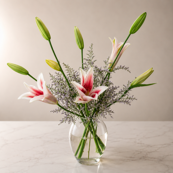 Growing and Glowin bouquet of lilies and seasonal blooms in a clear vase, symbolizing freshness and reliable flower delivery across Cincinnati and Northern Kentucky