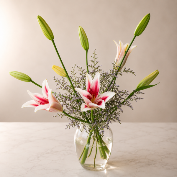 Growing and Glowin bouquet of lilies and seasonal blooms in a clear vase, symbolizing freshness and reliable flower delivery across Cincinnati and Northern Kentucky