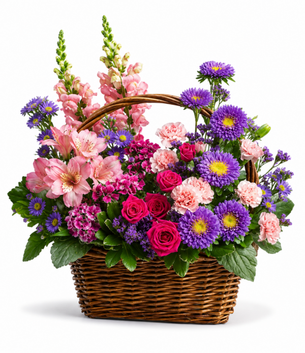 Fresh wicker basket floral arrangement with pink roses, purple asters, carnations, and snapdragons, delivered across Cincinnati and Northern Kentucky.