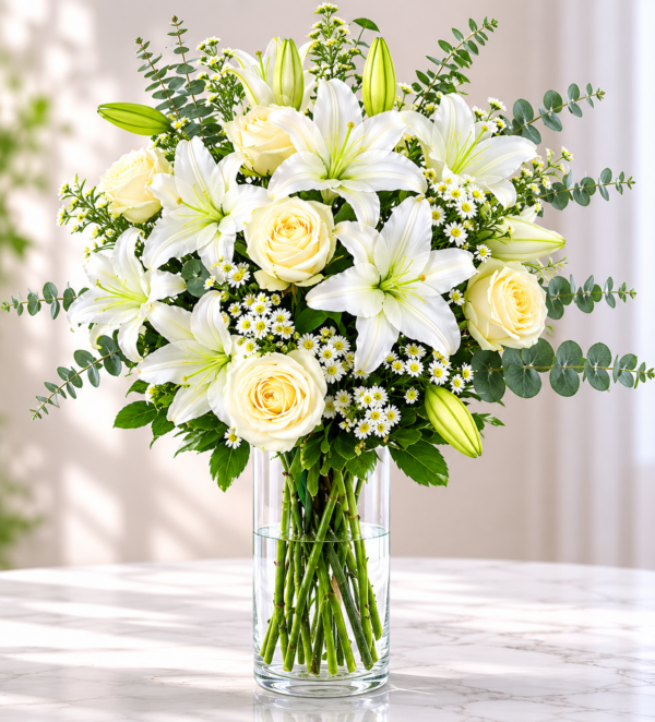 Elegant white lily and rose arrangement in a clear glass vase with fresh greenery and seasonal accents from All The People's Flowers Cincinnati.