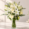 Elegant white lily and rose arrangement in a clear glass vase with fresh greenery and seasonal accents from All The People's Flowers Cincinnati.