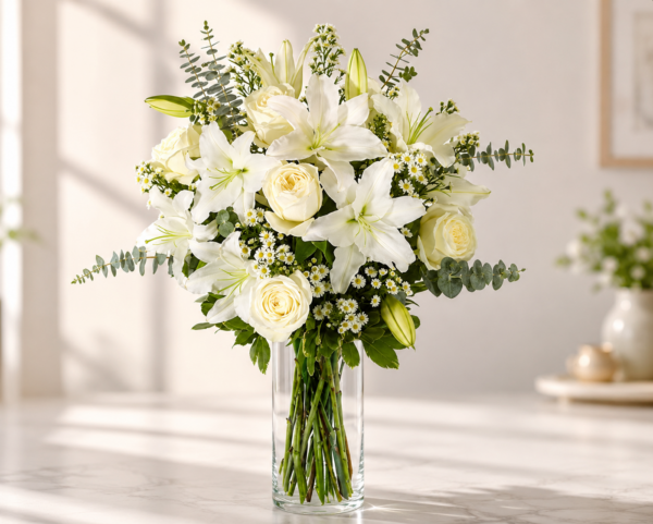 Elegant white lily and rose arrangement in a clear glass vase with fresh greenery and seasonal accents from All The People's Flowers Cincinnati.
