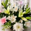 Fresh bouquet of white chrysanthemums, pink lilies, yellow lilies, alstroemeria, and carnations with lush greenery, arranged for fast flower delivery in Cincinnati neighborhoods.