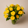 Bright Yellow Rose Bouquet In A Vase Bright yellow rose bouquet in a clear glass vase with greenery and solidago filler flowers.