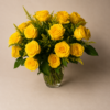 Bright Yellow Rose Bouquet in a Vase Bright yellow rose bouquet in a clear glass vase with greenery and solidago filler flowers.