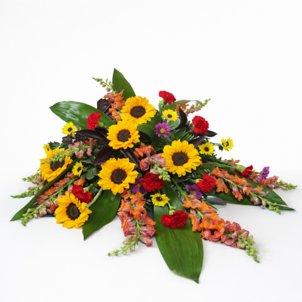 Casket Spray Sunflowers arrangement with radiant golden blooms, delivered fresh across Cincinnati and Northern Kentucky by allthepeoplesflowers.com