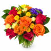 Rainbow Vase bouquet with orange roses, red roses, yellow daisies, purple accents, and lush greenery in a clear glass vase.