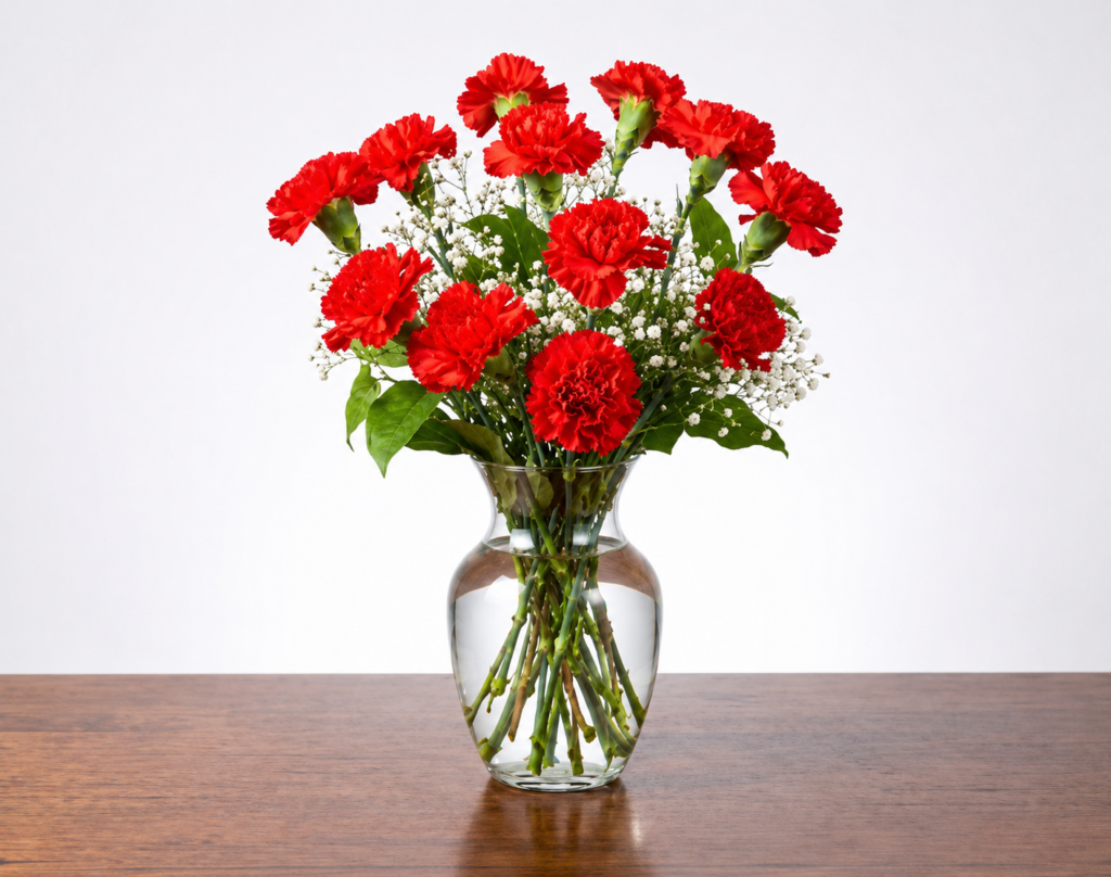 Elegant bouquet of radiant red carnations with delicate white accents in a clear glass vase, symbolizing passion and remembrance, delivered fresh by Local Cincinnati Florist.