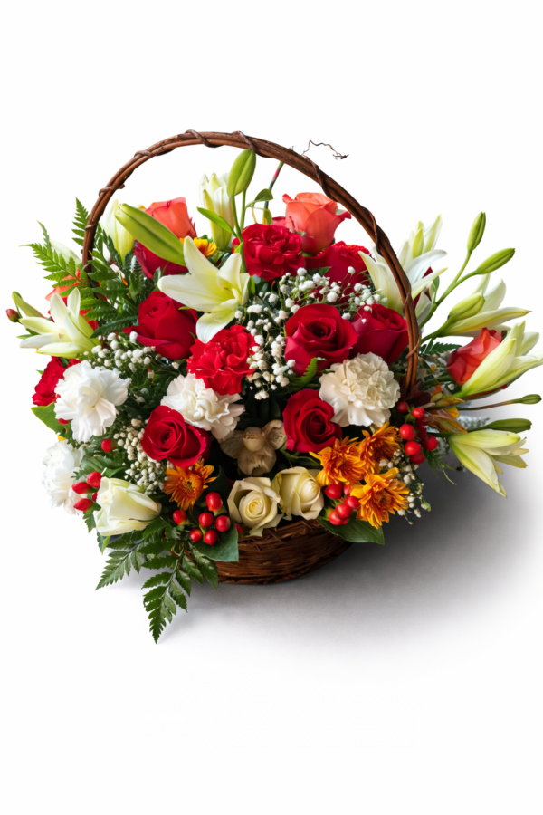 Fernwood Charm basket with red roses, peach roses, white lilies, carnations, golden chrysanthemums, ferns, and berries in a woven basket