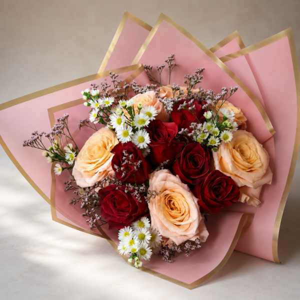 Luxurious mixed bouquet of roses, daisies, and seasonal accents wrapped in pink and gold paper