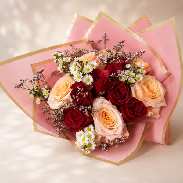 Luxurious mixed bouquet of roses, daisies, and seasonal accents wrapped in pink and gold paper