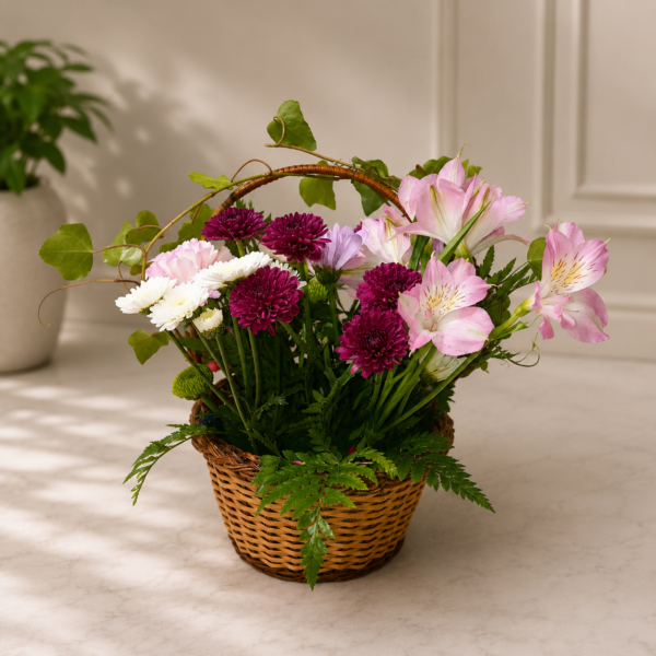 Garden Stroll Basket with roses, carnations, chrysanthemums, button poms, ivy, and fern leaves in a wicker handle arrangement.