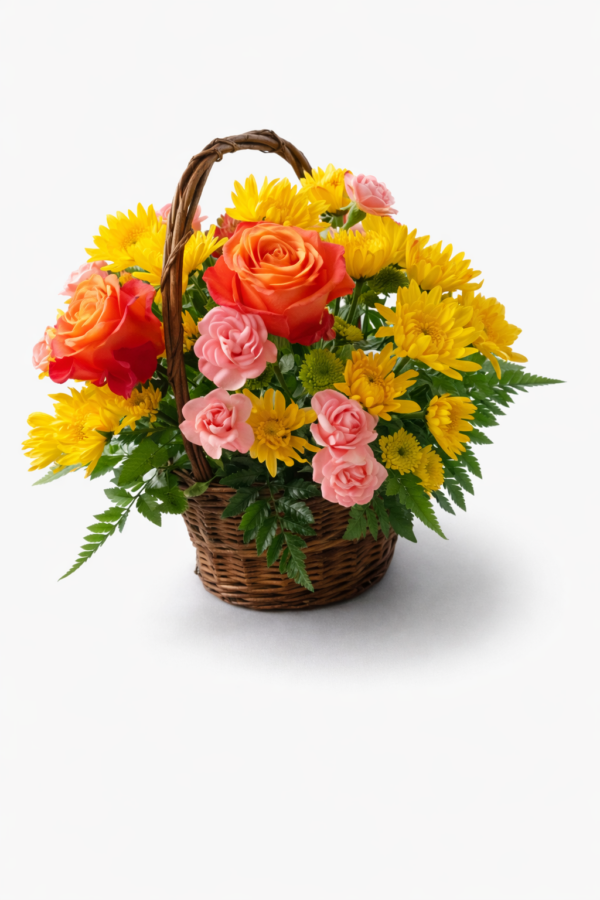 Golden Orchard basket with orange roses, pink roses, yellow chrysanthemums, and lush greenery in a woven wicker basket