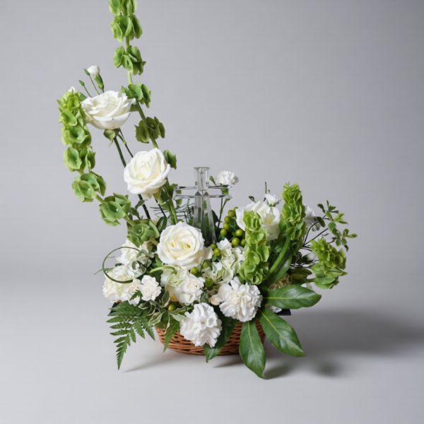 Heaven’s Light Cross floral arrangement with white roses, carnations, greenery, and a crystal cross, delivered fresh across Cincinnati and Northern Kentucky by allthepeoplesflowers.com
