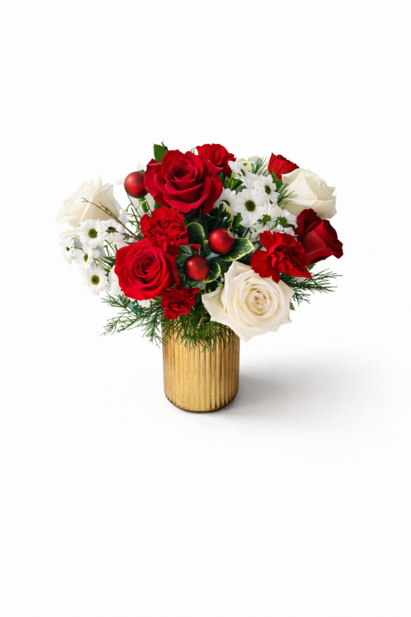 Holiday Gold Vase Holiday Gold Vase with red roses, white roses, carnations, daisies, pine sprigs, and festive ornaments in a ribbed golden vase.