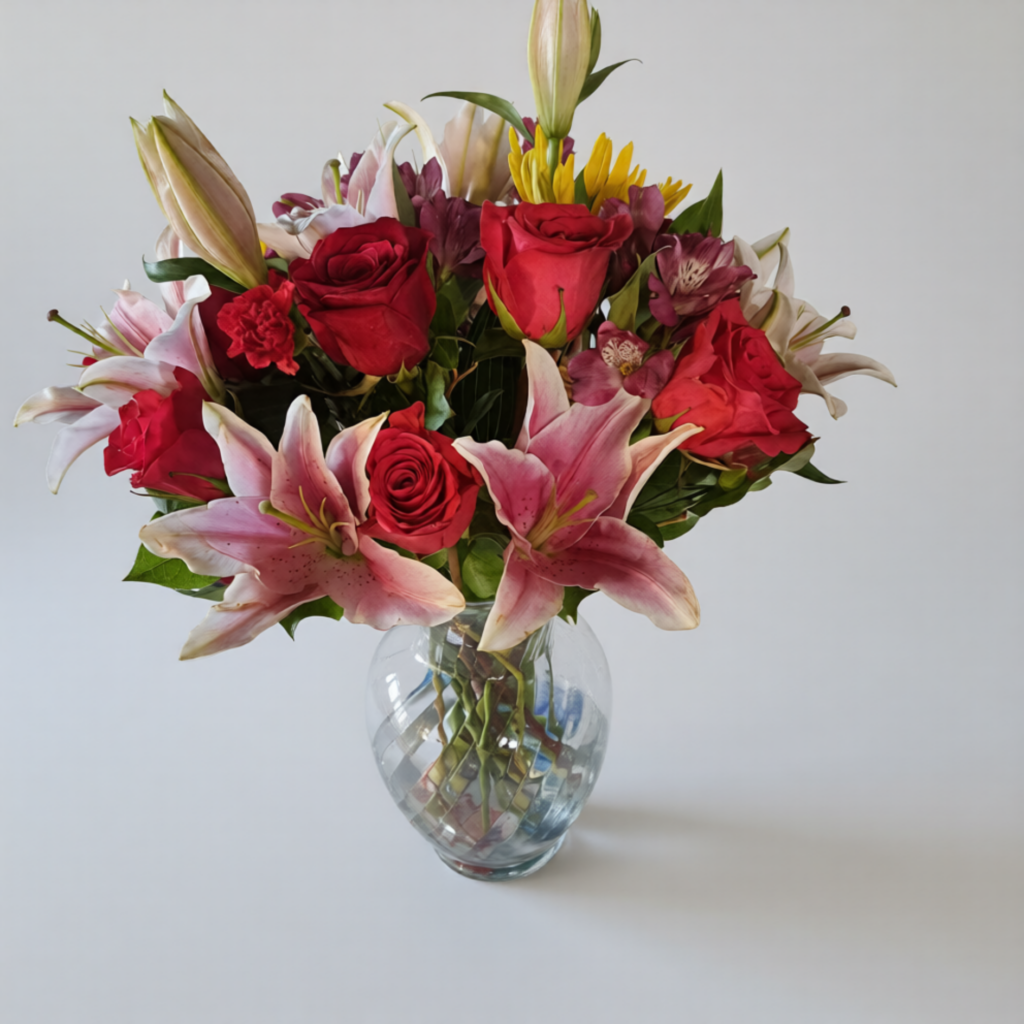 Love Bloom bouquet with red roses, pink lilies, and colorful accents in a clear glass vase, fresh flowers from Local Cincinnati Florist.