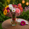 Colorful garden-inspired flower bouquet featuring sunflowers, pink roses, white daisies, alstroemeria, and seasonal blooms arranged in a clear glass vase.