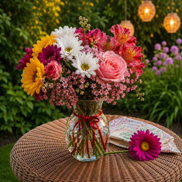 Colorful garden-inspired flower bouquet featuring sunflowers, pink roses, white daisies, alstroemeria, and seasonal blooms arranged in a clear glass vase.