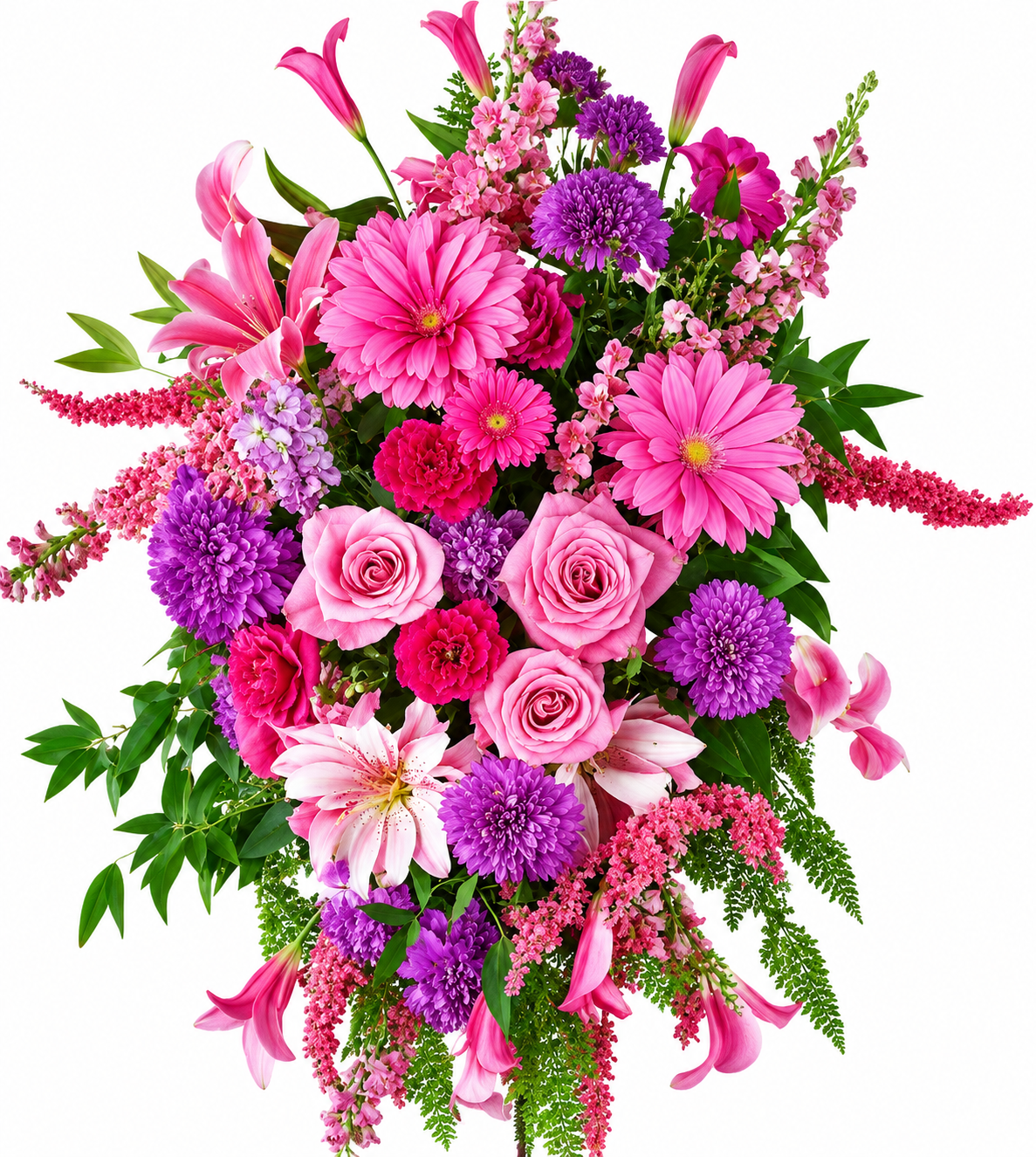 Vibrant pink and purple floral bouquet with roses, lilies, gerbera daisies, and chrysanthemums surrounded by lush greenery, delivered fresh in Cincinnati.