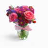 Ribboned Romance vase with pink roses, red roses, purple asters, violet filler flowers, and a soft pink ribbon bow.