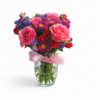 Ribboned Romance vase with pink roses, red roses, purple asters, violet filler flowers, and a soft pink ribbon bow.