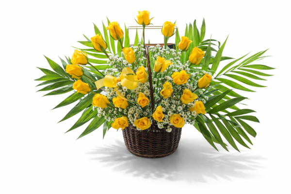 Sunshine Basket yellow roses with white accents in wicker basket