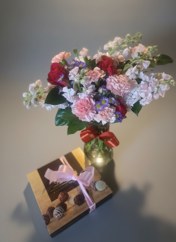 Sweet Moments bouquet of fresh flowers with chocolates, delivered by Local Cincinnati Florist across Cincinnati and Northern Kentucky