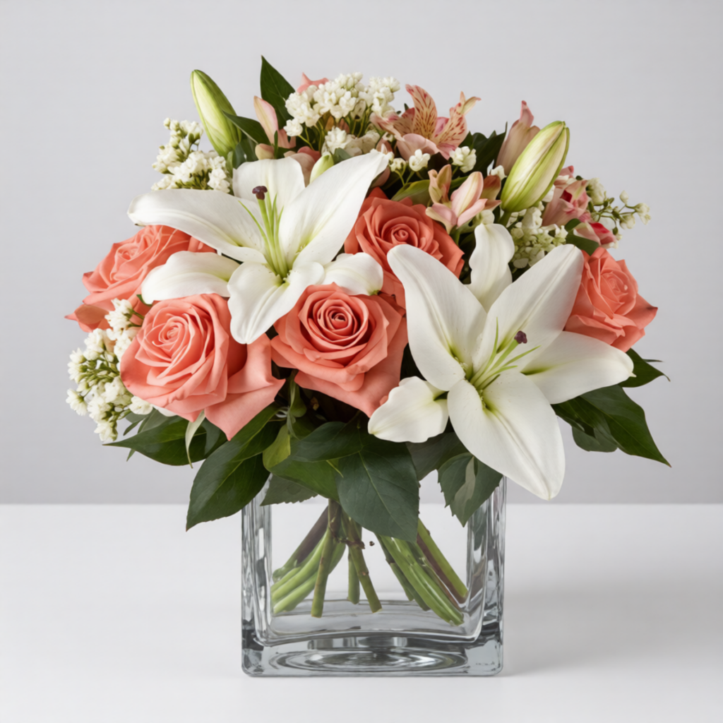 Elegant bouquet of fresh white lilies and peach roses in a clear vase, symbolizing light, devotion, and tribute.