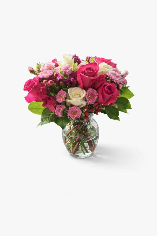 Winterberry Vase with pink roses, white roses, pink chrysanthemums, red berries, and greenery in a clear glass vase
