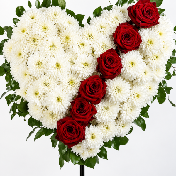 Heartfelt Elegance Floral Tribute – fresh flower delivery Cincinnati with radiant white chrysanthemums shaped into a heart and bold red roses.